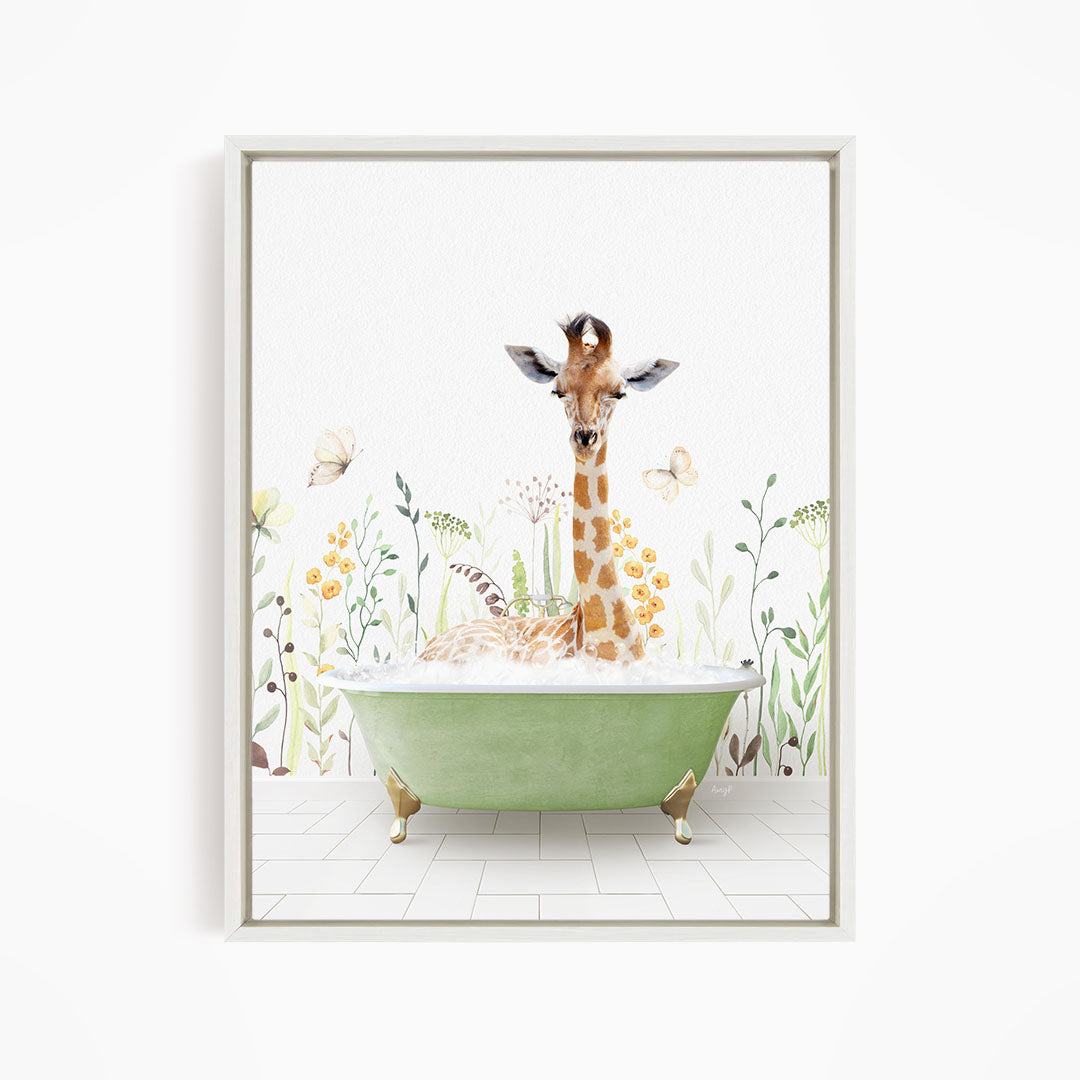 A giraffe sitting in a green bathtub filled with bubbles, surrounded by flowers and butterflies.