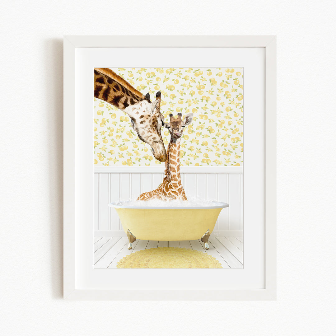 A mother giraffe and her baby giraffe enjoying a bath together in a yellow bathtub, with a yellow floral wallpaper in the background.