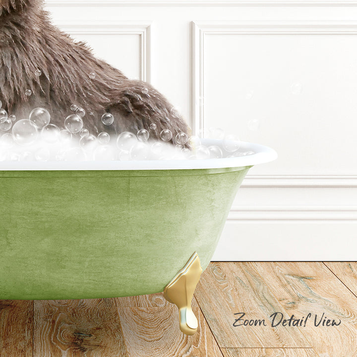 A close-up of a cat's paw submerged in a green bathtub filled with bubbles, with a wooden floor visible in the background.