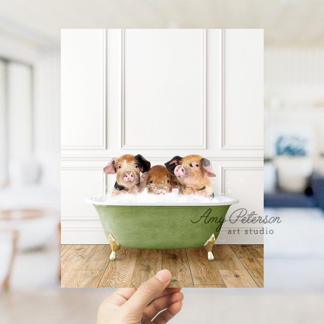 a person holding a card with three dogs in a bathtub