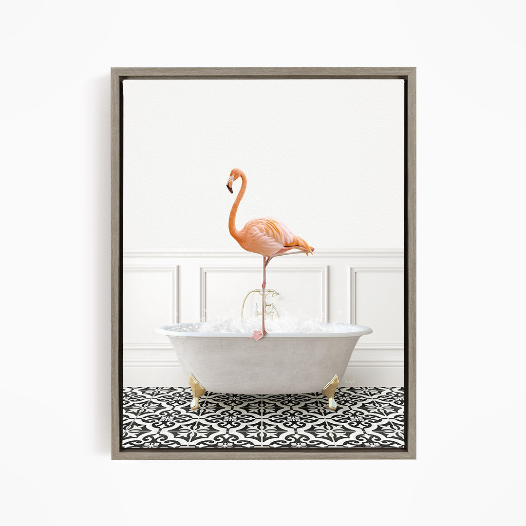 A pink flamingo standing on the edge of a white bathtub filled with water, set against a white wall with a black and white patterned floor.