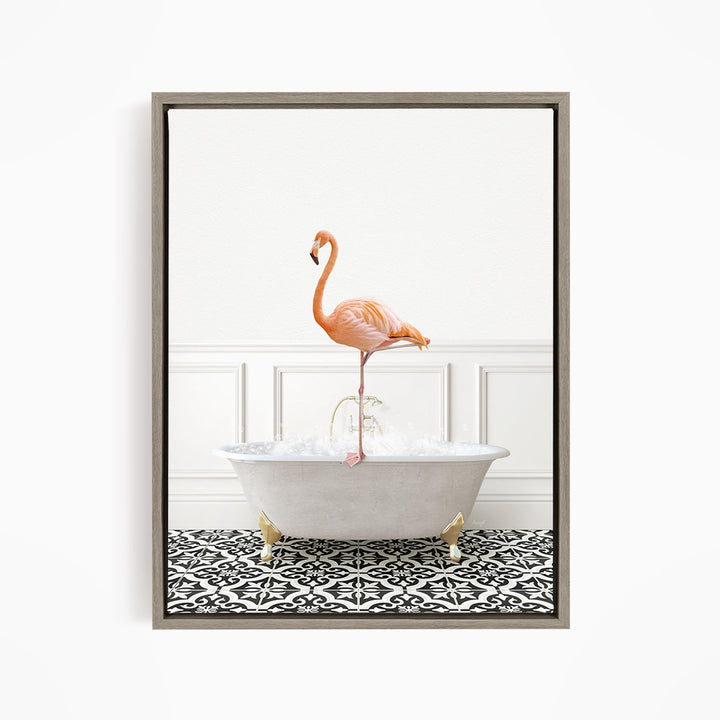 A pink flamingo standing on the edge of a white bathtub filled with water, set against a white wall with a black and white patterned floor.