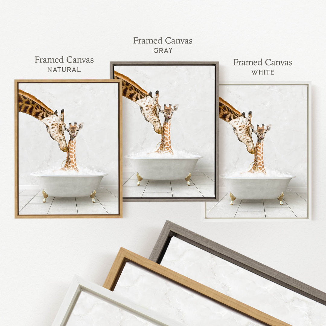The image is a framed canvas depicting three giraffes in a bathtub, with one giraffe in a natural frame, one in a gray frame, and one in a white frame.