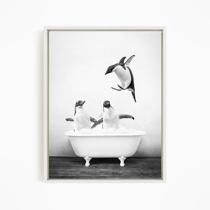 A black and white image of two penguins sitting in a bathtub, with one penguin flying towards the other.