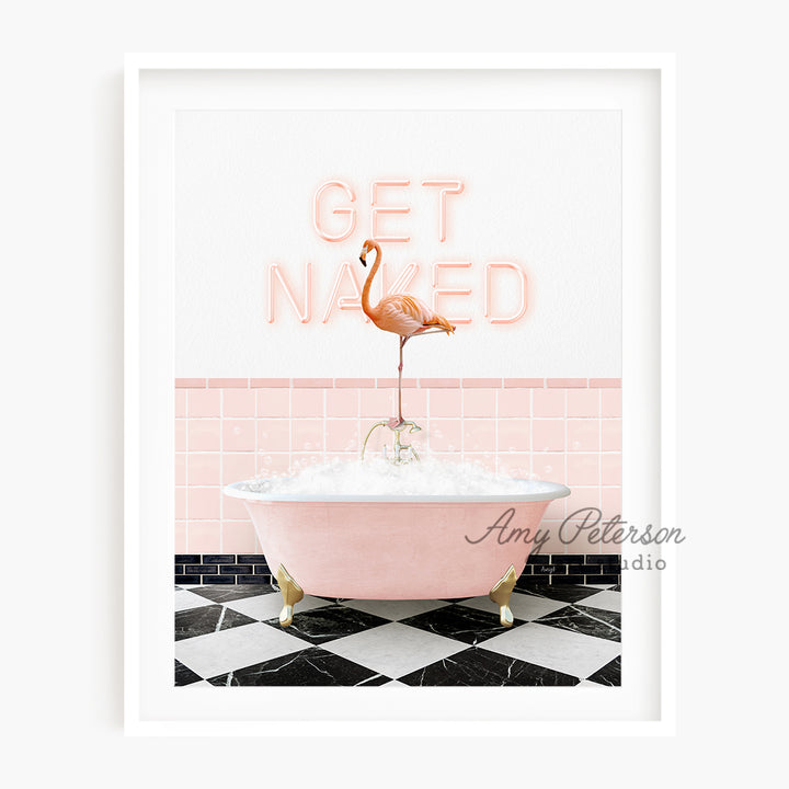 a pink bath tub with a flamingo on top of it