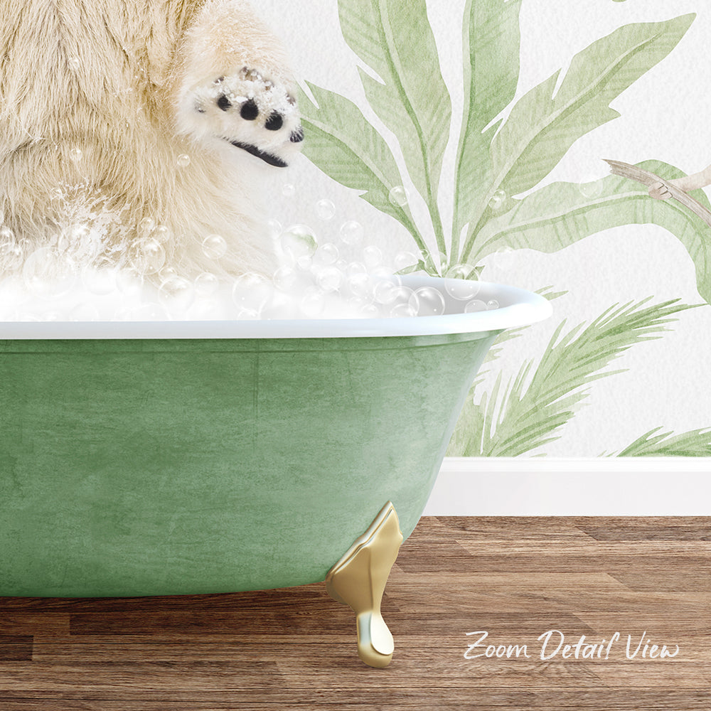 A polar bear is standing in a green bathtub filled with bubbles, with a tropical plant wall behind it.