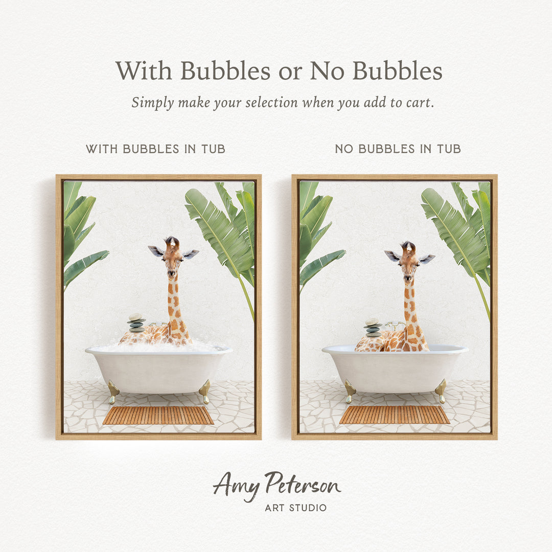 The image is a framed print featuring a giraffe sitting in a bathtub, with the text "With Bubbles or No Bubbles" above the images.