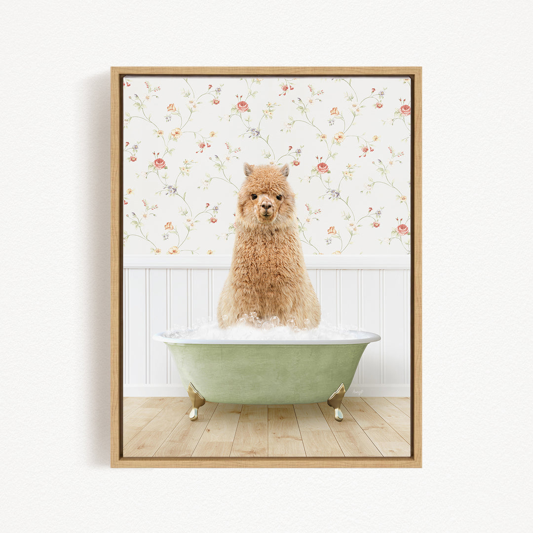 A fluffy brown dog sitting in a green bathtub filled with bubbles, with a floral wallpaper in the background.