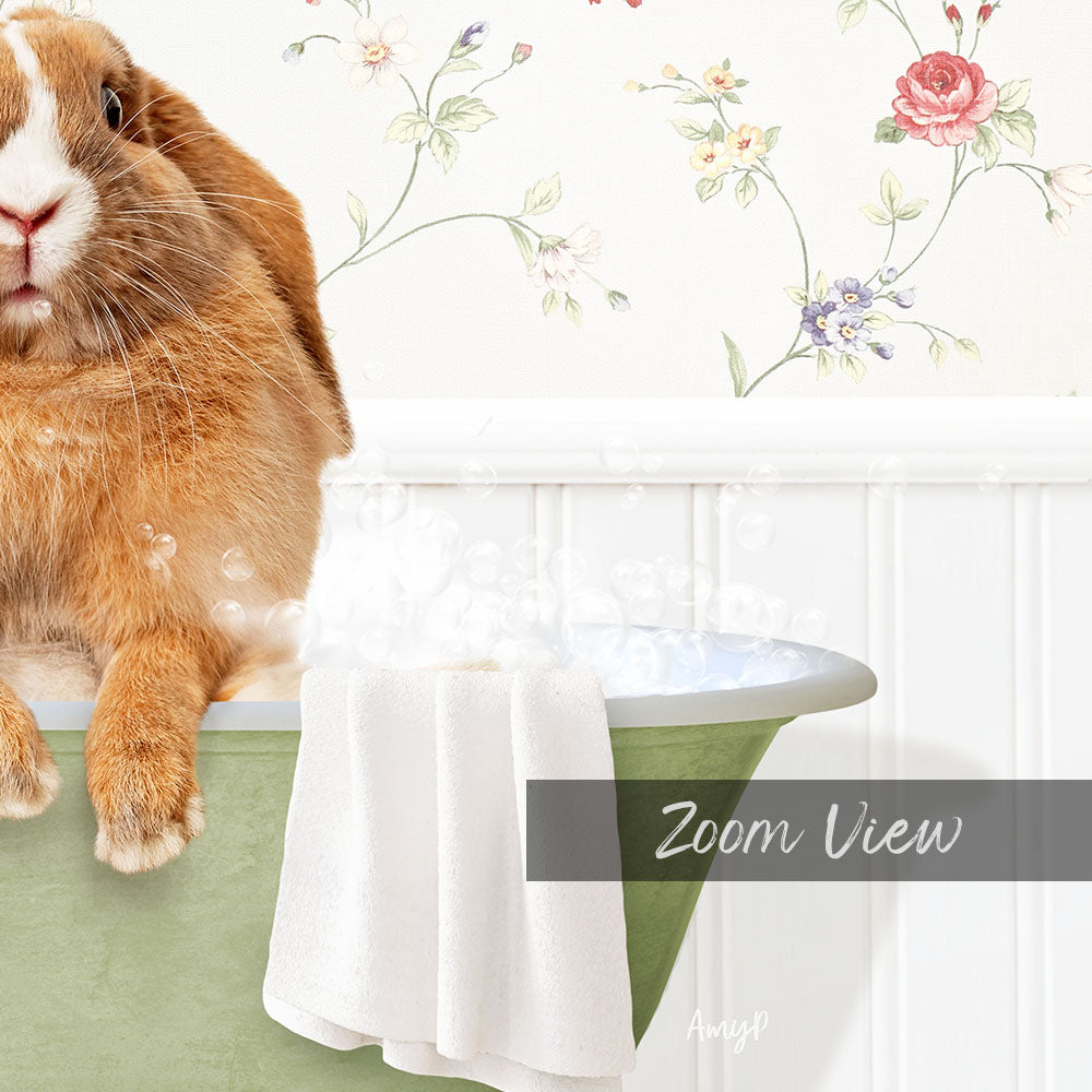 A cute orange rabbit sitting in a green bathtub filled with bubbles, with a floral wallpaper in the background.