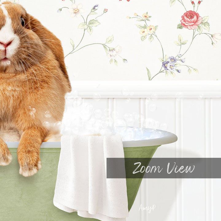 A cute orange rabbit sitting in a green bathtub filled with bubbles, with a floral wallpaper in the background.
