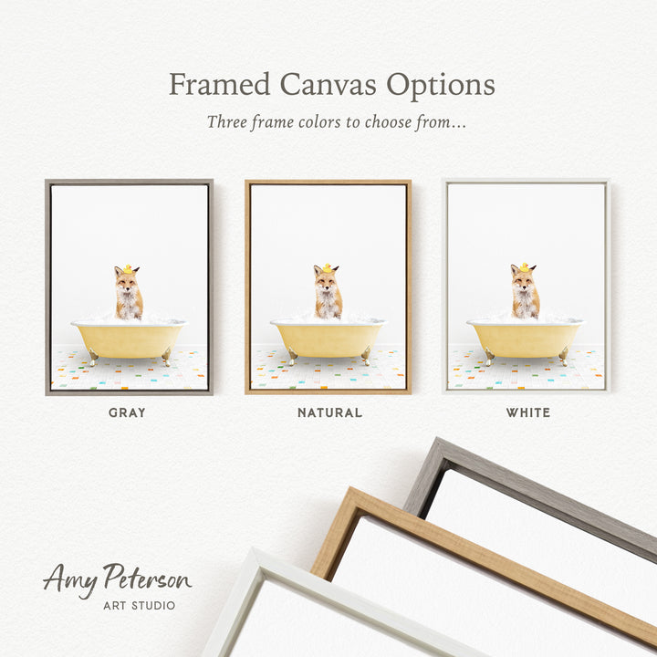 three framed canvas options, each featuring a small brown fox sitting in a bathtub. The options include a gray frame, a natural frame, and a white frame.