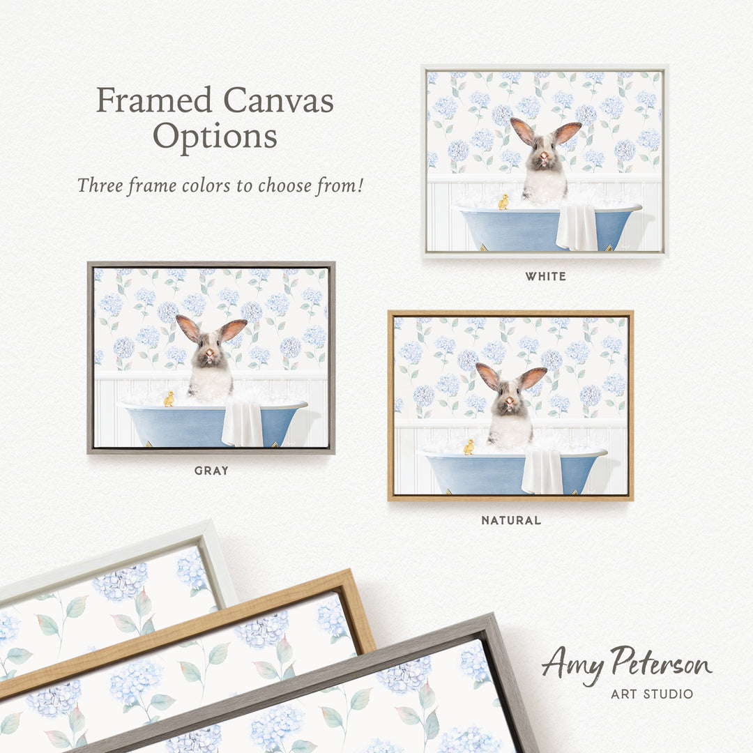 The image is a framed canvas with three different options for the color of the frame: white, gray, and natural. The canvas features a picture of a dog sitting in a bathtub, surrounded by blue flowers.