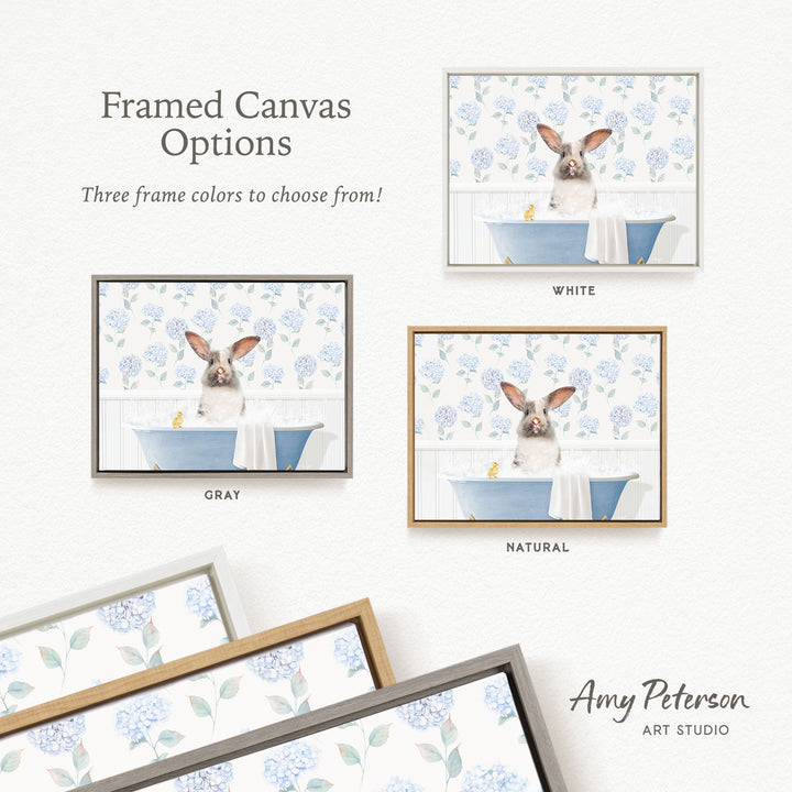 The image is a framed canvas with three different options for the color of the frame: white, gray, and natural. The canvas features a picture of a dog sitting in a bathtub, surrounded by blue flowers.