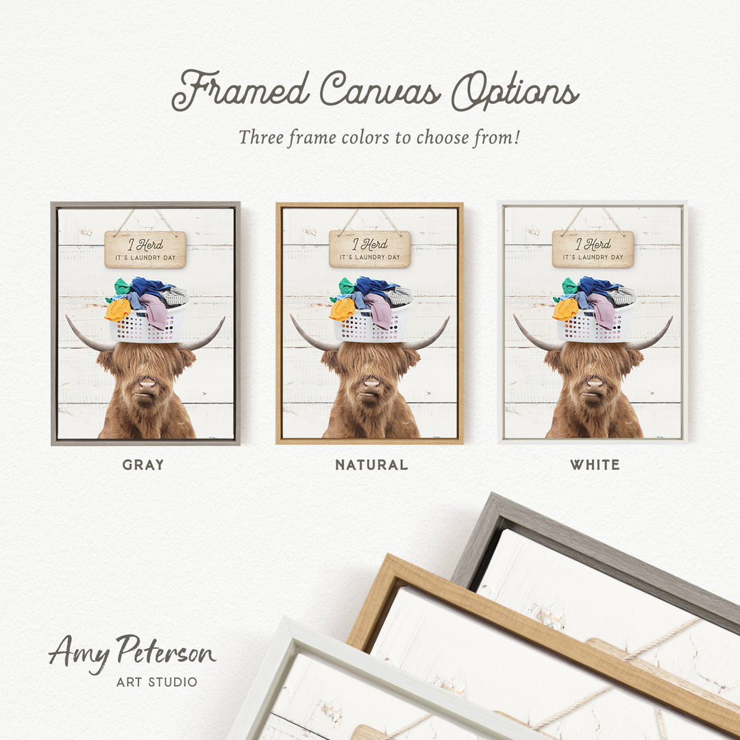 three framed canvas options featuring a Highland cow with a basket on its head, each with a different frame color: gray, natural, and white.