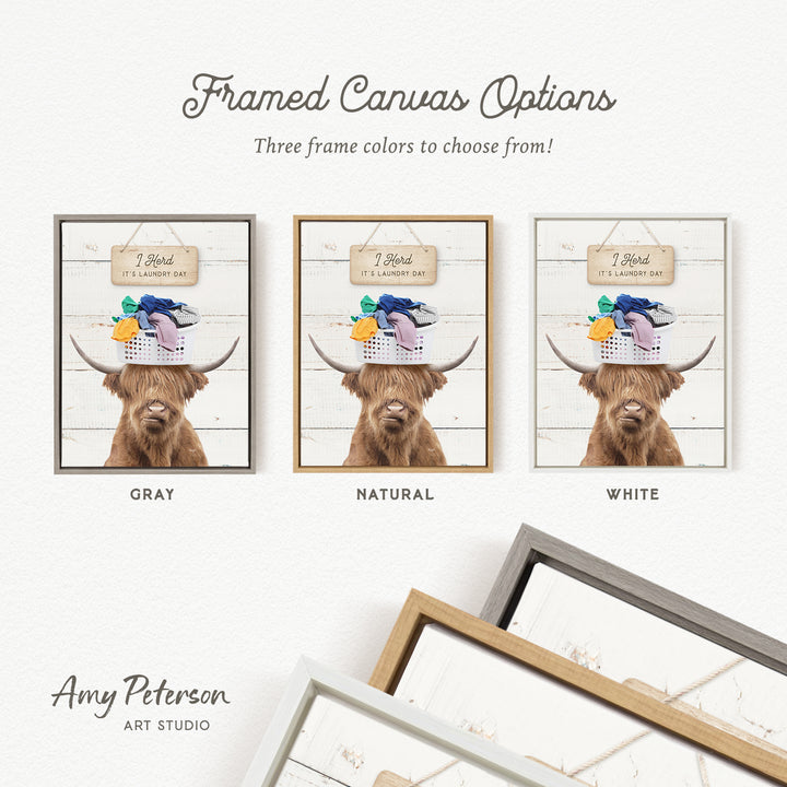 three framed canvas options featuring a Highland cow with a basket on its head, each with a different frame color: gray, natural, and white.