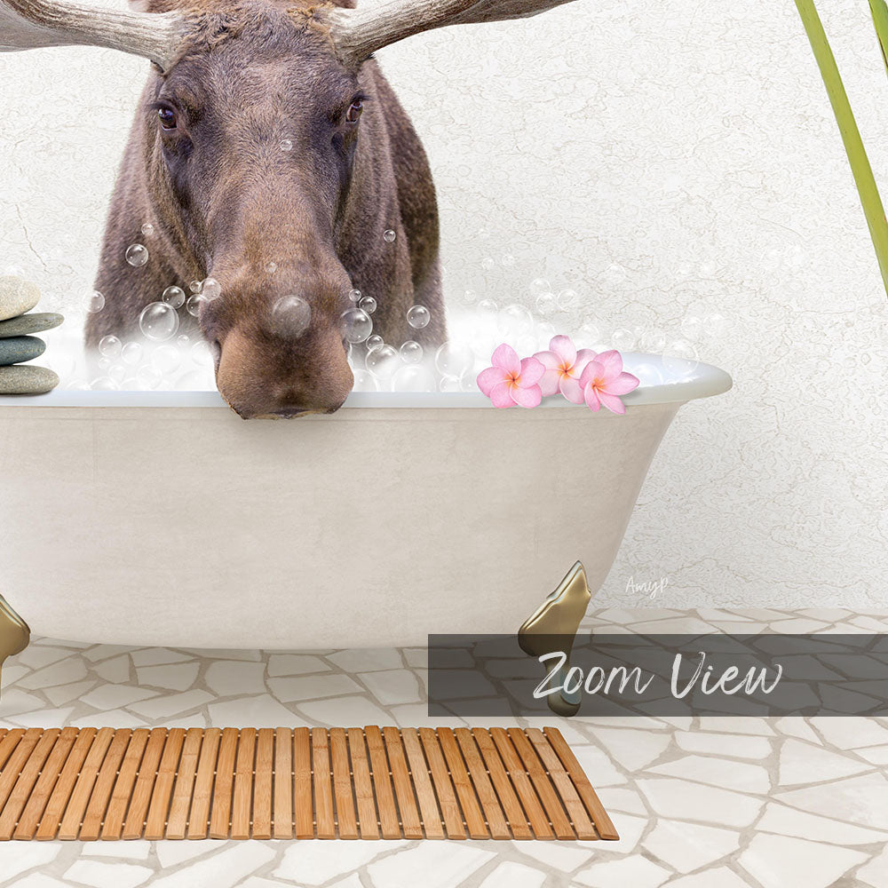 A moose is sitting in a bathtub filled with bubbles, surrounded by pink flowers, creating a whimsical and relaxing scene.