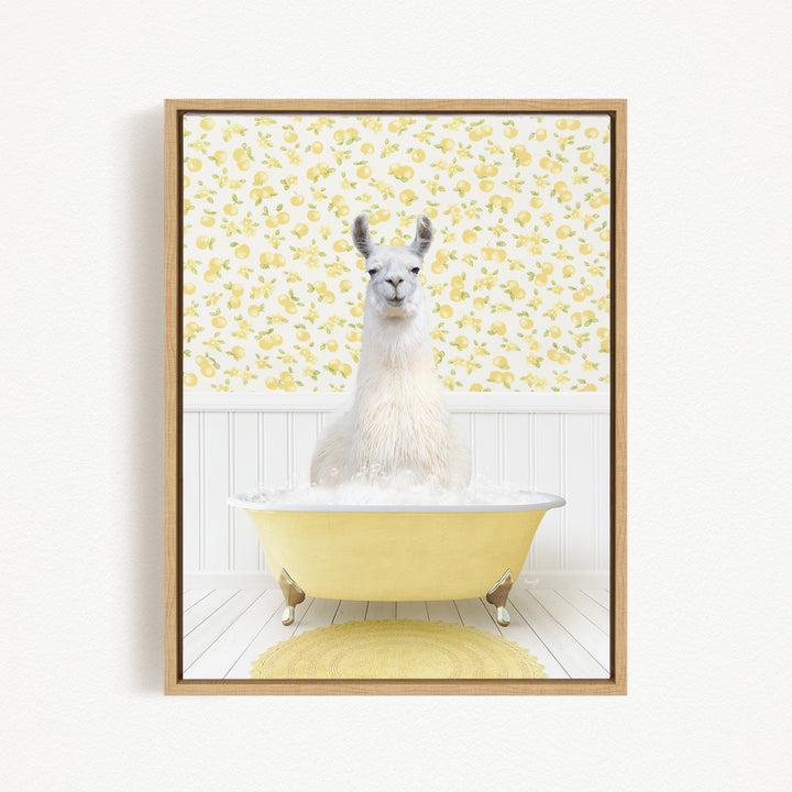 A white llama sitting in a yellow bathtub filled with bubbles, surrounded by a yellow floral pattern on the wall.