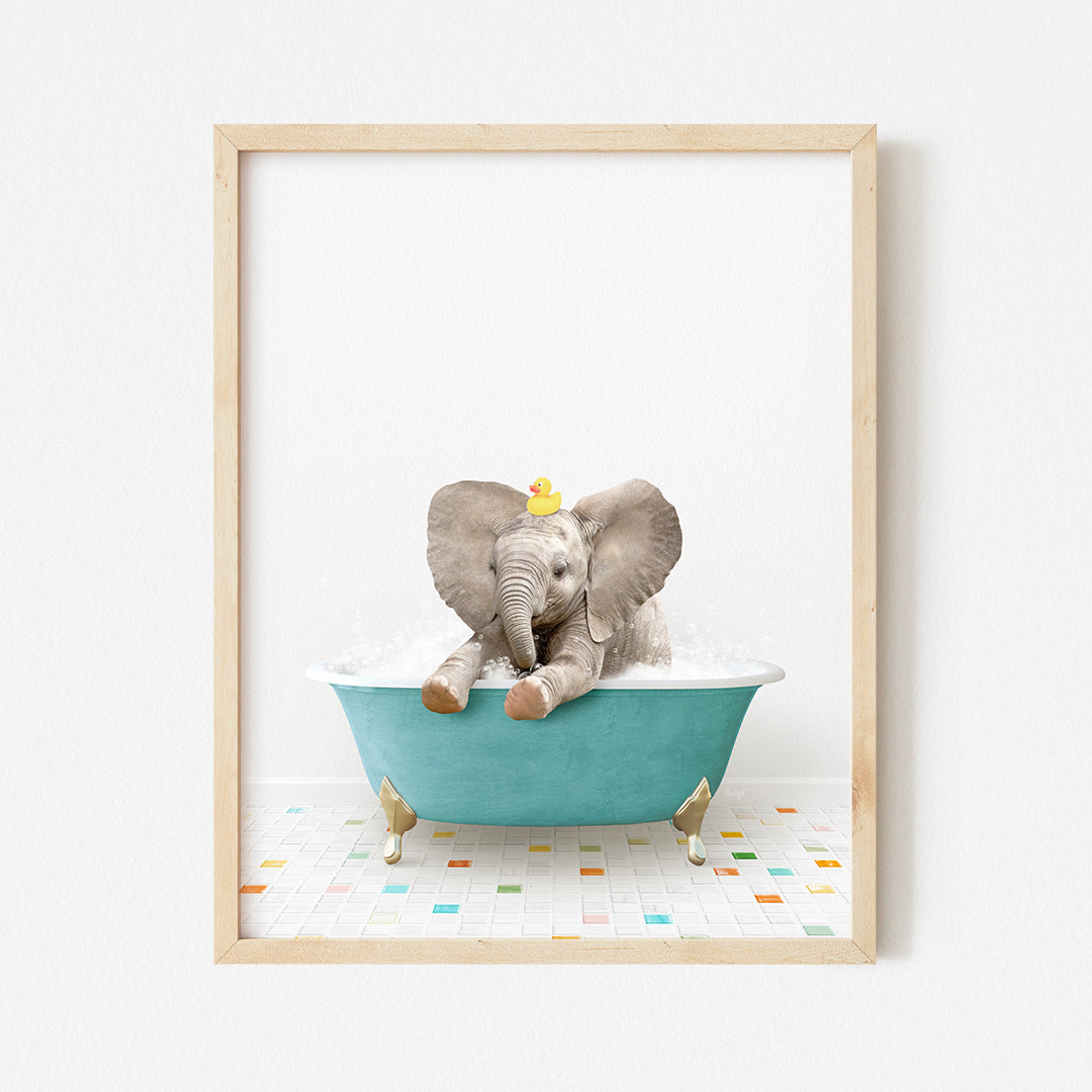 an elephant in a bathtub with a crown on its head