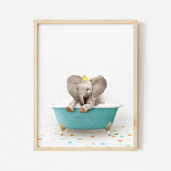 an elephant in a bathtub with a crown on its head