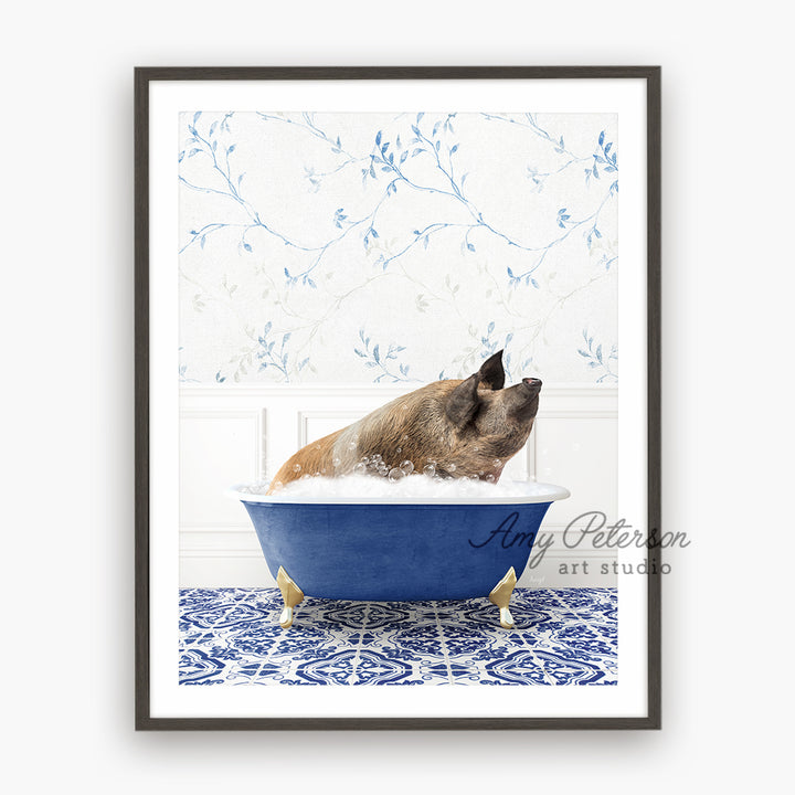 a dog taking a bath in a blue bathtub