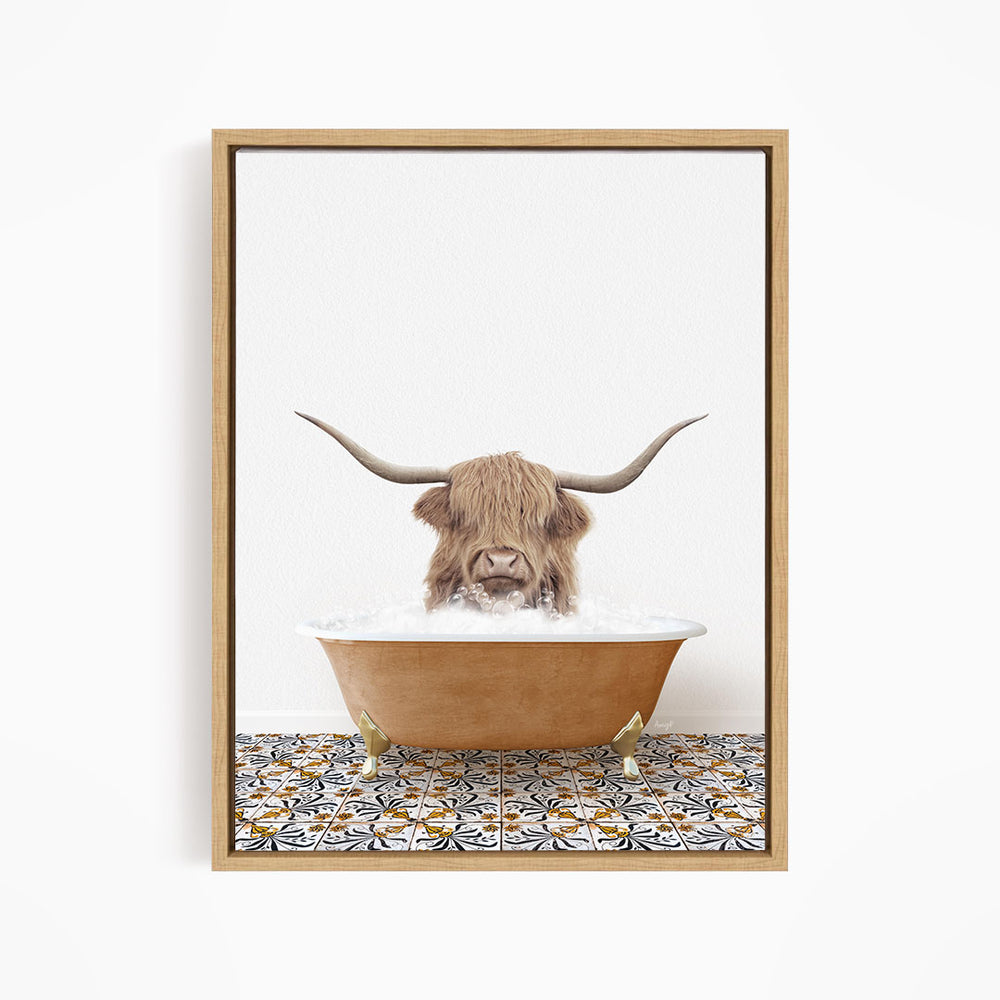 A Highland cow with long horns is sitting in a bathtub filled with water, creating a whimsical and playful scene.
