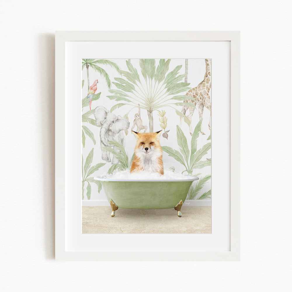 A fox is sitting in a green bathtub, surrounded by various animals such as a giraffe, elephant, and parrot, all against a backdrop of tropical foliage.