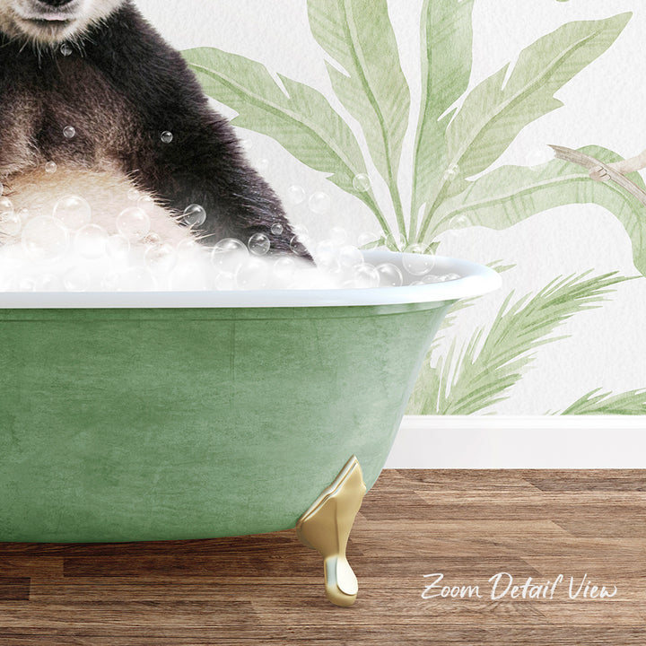 A panda sitting in a green bathtub filled with bubbles, with a tropical plant wallpaper in the background.