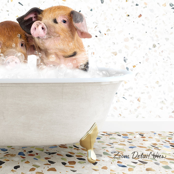 A pair of adorable pigs enjoying a relaxing bath in a white bathtub, surrounded by bubbles.