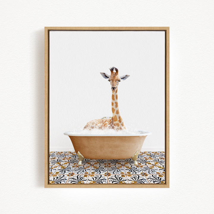 A giraffe sitting in a bathtub filled with water, surrounded by a patterned tile floor.