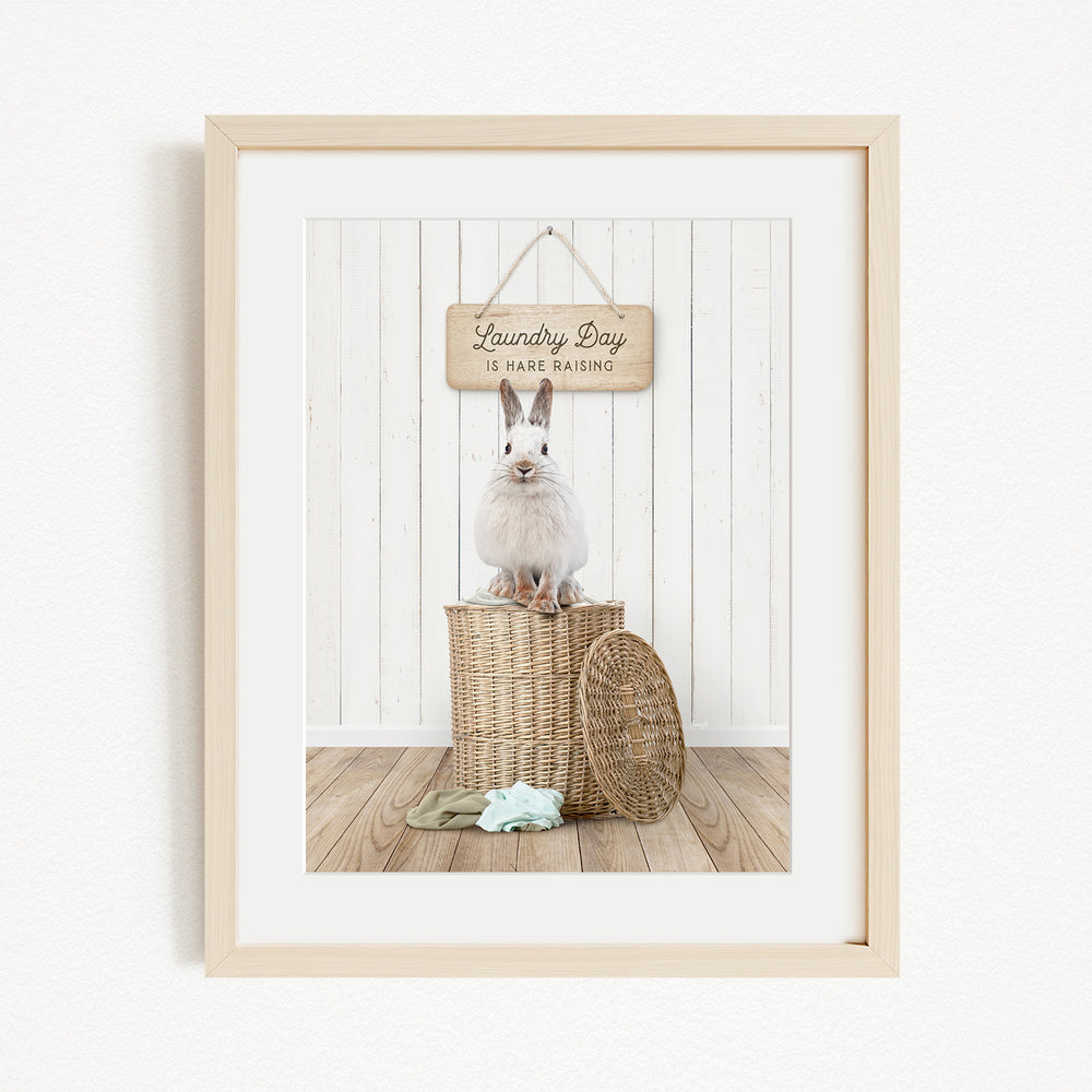 A white rabbit sits atop a wicker basket in a room with a wooden floor and a white wall. Above the basket hangs a wooden sign that reads "Laundry Day is hard washing".