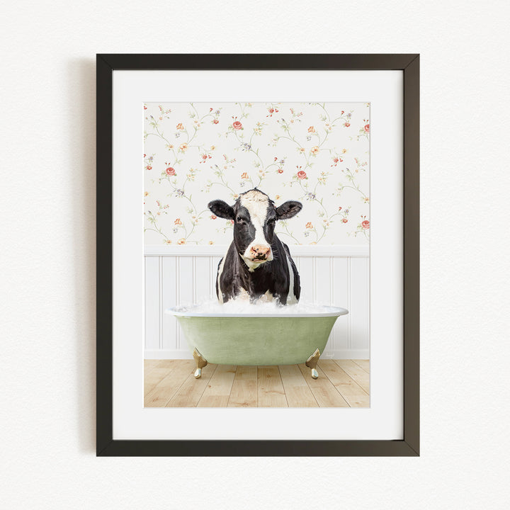 A black and white cow is sitting in a green bathtub filled with water, with a floral wallpaper in the background.