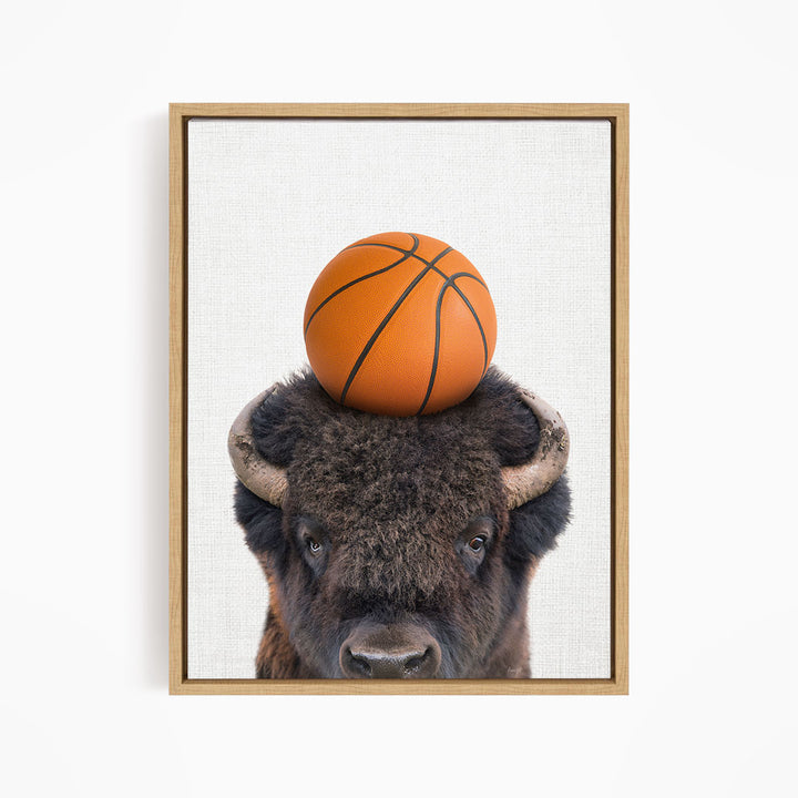 A buffalo with a basketball resting on its head.