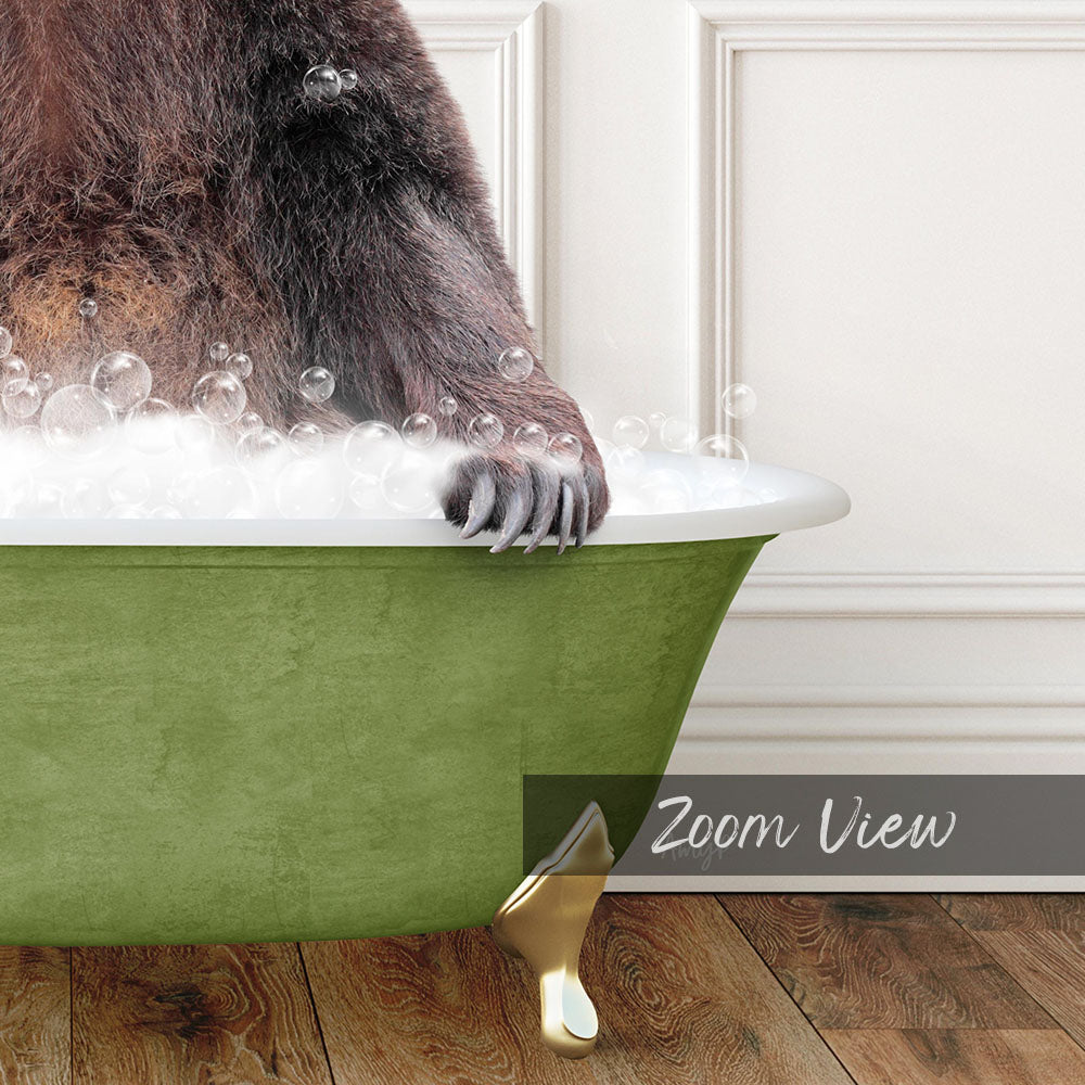 A bear is sitting in a green bathtub filled with bubbles, with its paw resting on the edge of the tub.