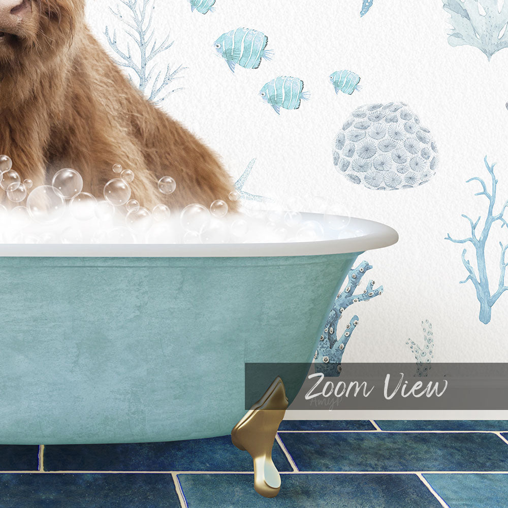 A close-up of a bathtub filled with bubbles, with a brown bear sitting inside. The background features a wallpaper with blue and white marine life, including fish and coral.