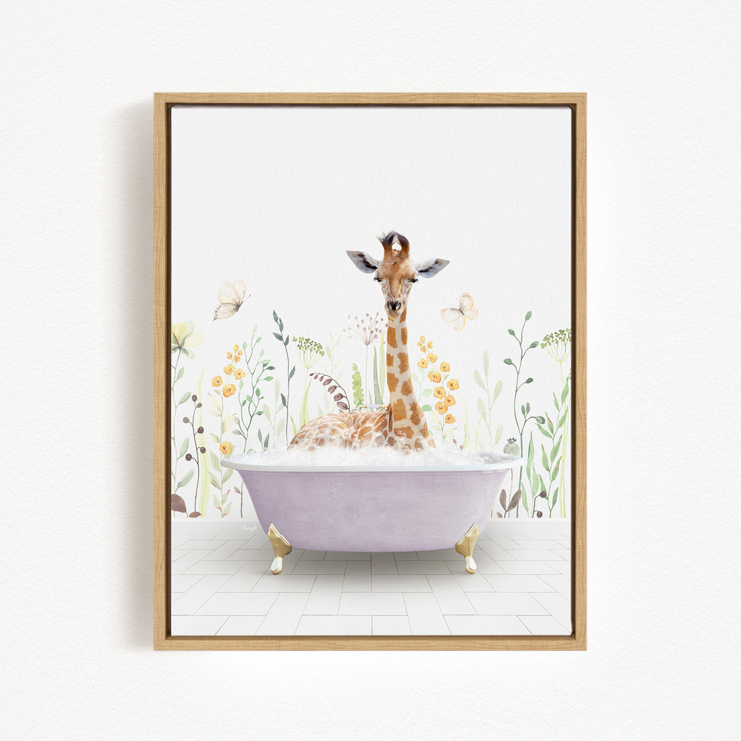 A giraffe sitting in a purple bathtub surrounded by flowers and butterflies.
