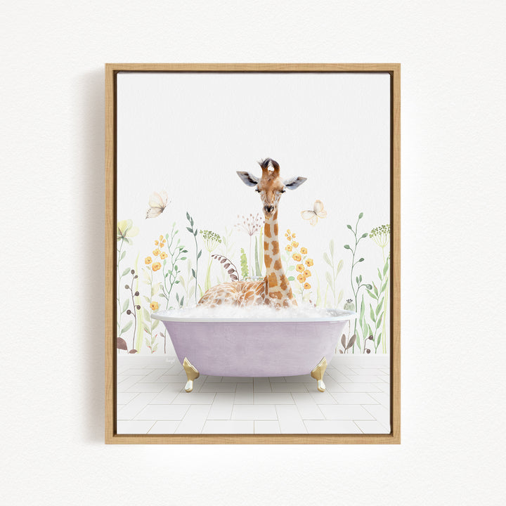 A giraffe sitting in a purple bathtub surrounded by flowers and butterflies.