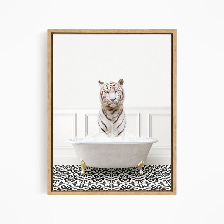 A white tiger sitting in a white bathtub filled with water, surrounded by a black and white patterned floor.