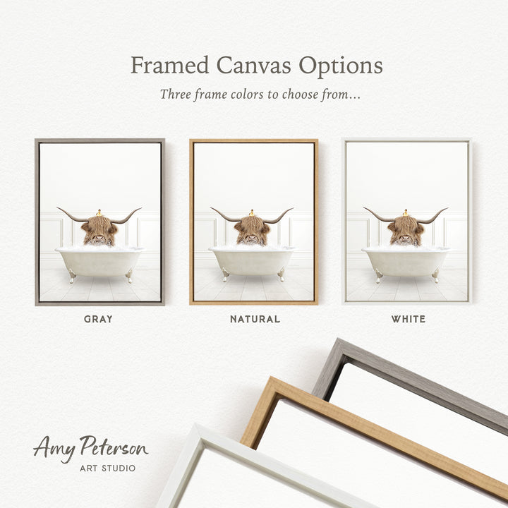 three framed canvas options, each featuring a different color: gray, natural, and white. The text above the images reads " Framed Canvas Options" and "Three frame colors to choose from...". The text below the images reads "Grays", "Naturals", and "Whites". The artist's name, Amy Peterson, is also mentioned at the bottom of the image.