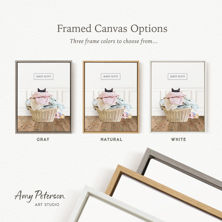 three framed canvas options, each with a different color: gray, natural, and white. The text above the images reads " framed Canvas Options Three frame colors to choose from...".