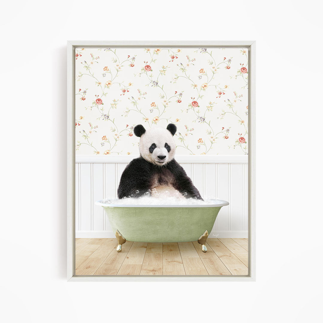 A panda bear sitting in a green bathtub filled with bubbles, surrounded by a floral wallpaper.