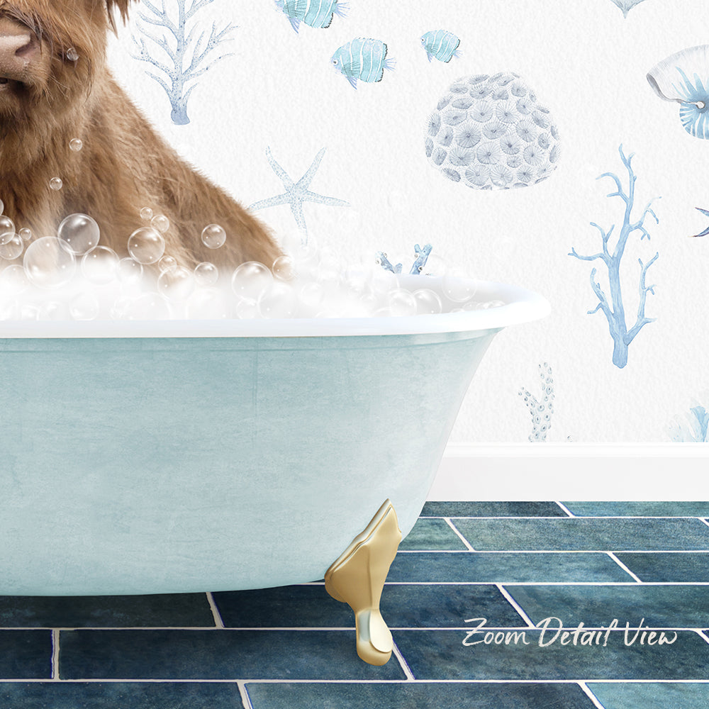 A dog is sitting in a bathtub filled with bubbles, surrounded by a blue and white ocean-themed wallpaper.