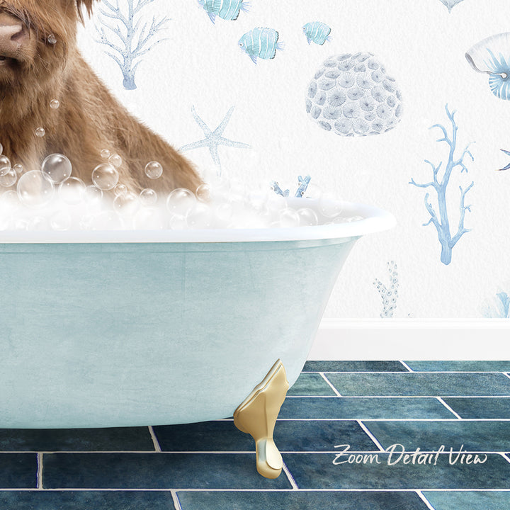 A dog is sitting in a bathtub filled with bubbles, surrounded by a blue and white ocean-themed wallpaper.