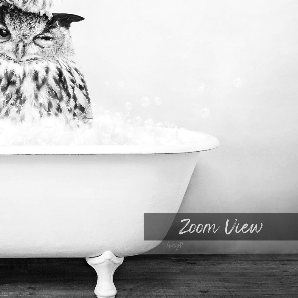 A black and white image of an owl sitting in a bathtub filled with bubbles.