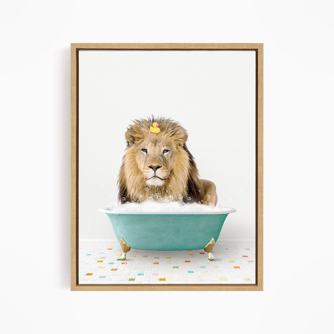 A lion is sitting in a blue bathtub filled with water, surrounded by colorful tiles on the floor.