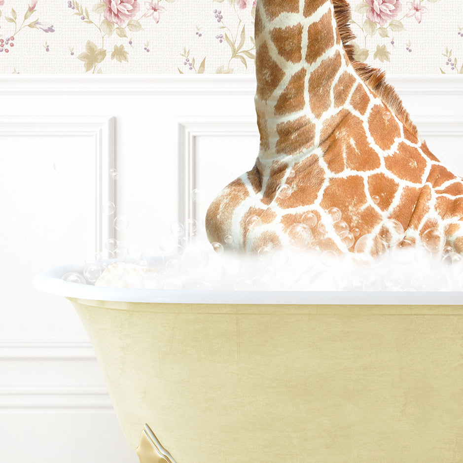 a giraffe sitting in a bathtub with its head above the water