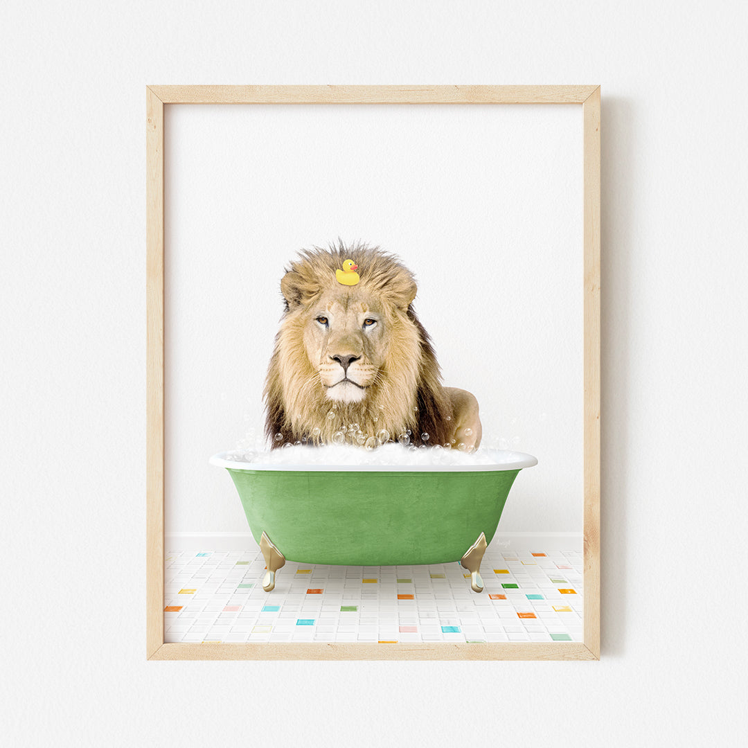 a picture of a lion taking a bath in a green bathtub