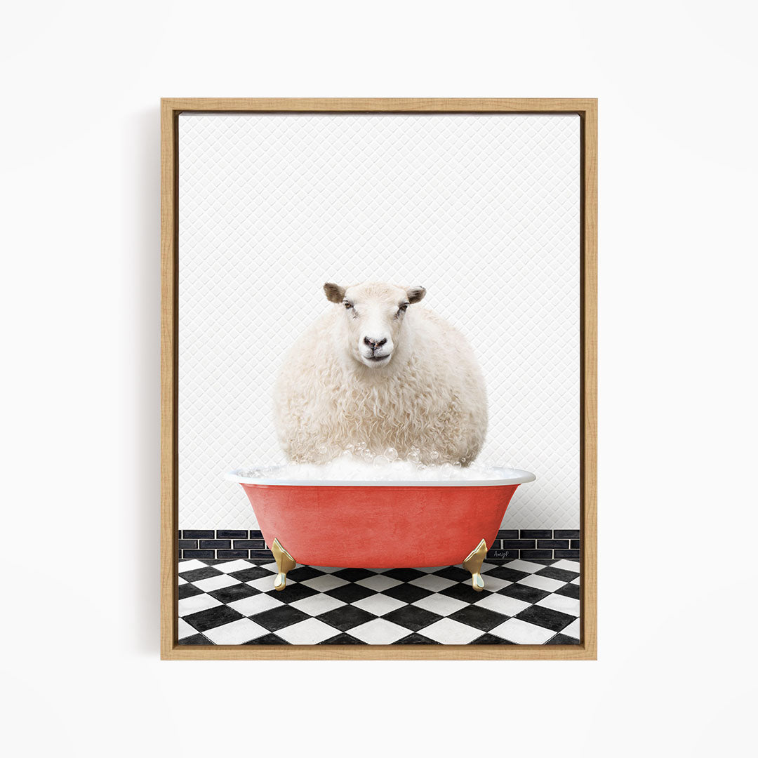 A fluffy white sheep sits in a red bathtub filled with bubbles, surrounded by a black and white checkered floor.