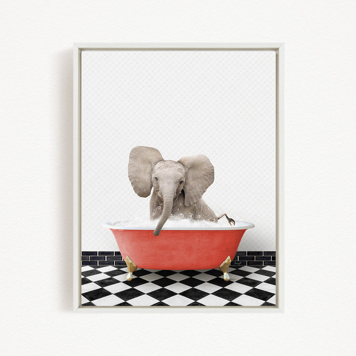 A gray elephant is sitting in a red bathtub filled with water, surrounded by a black and white checkered floor.