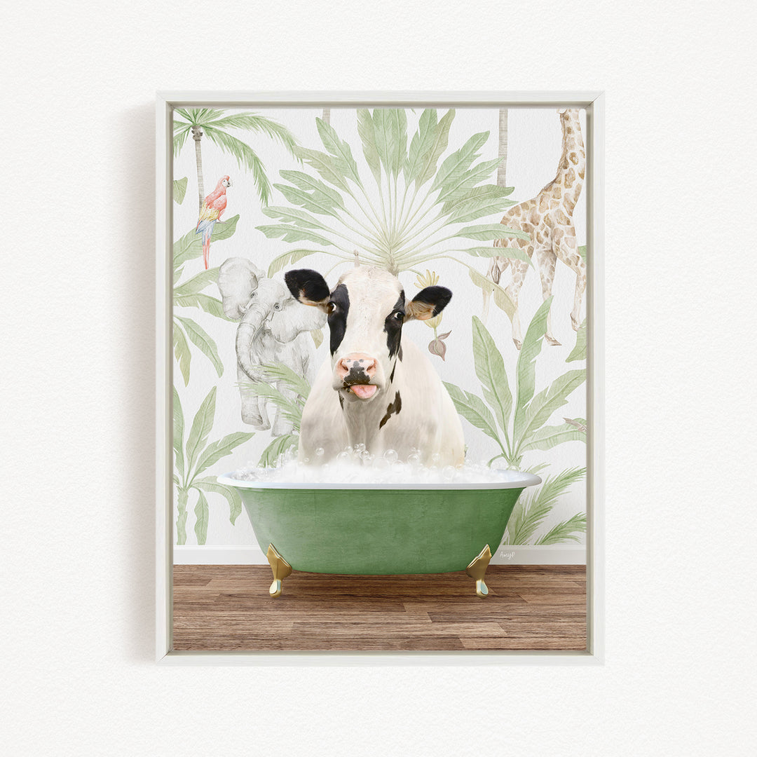 A cow is sitting in a green bathtub filled with bubbles, surrounded by tropical plants and animals, such as a giraffe and a parrot, against a white background.