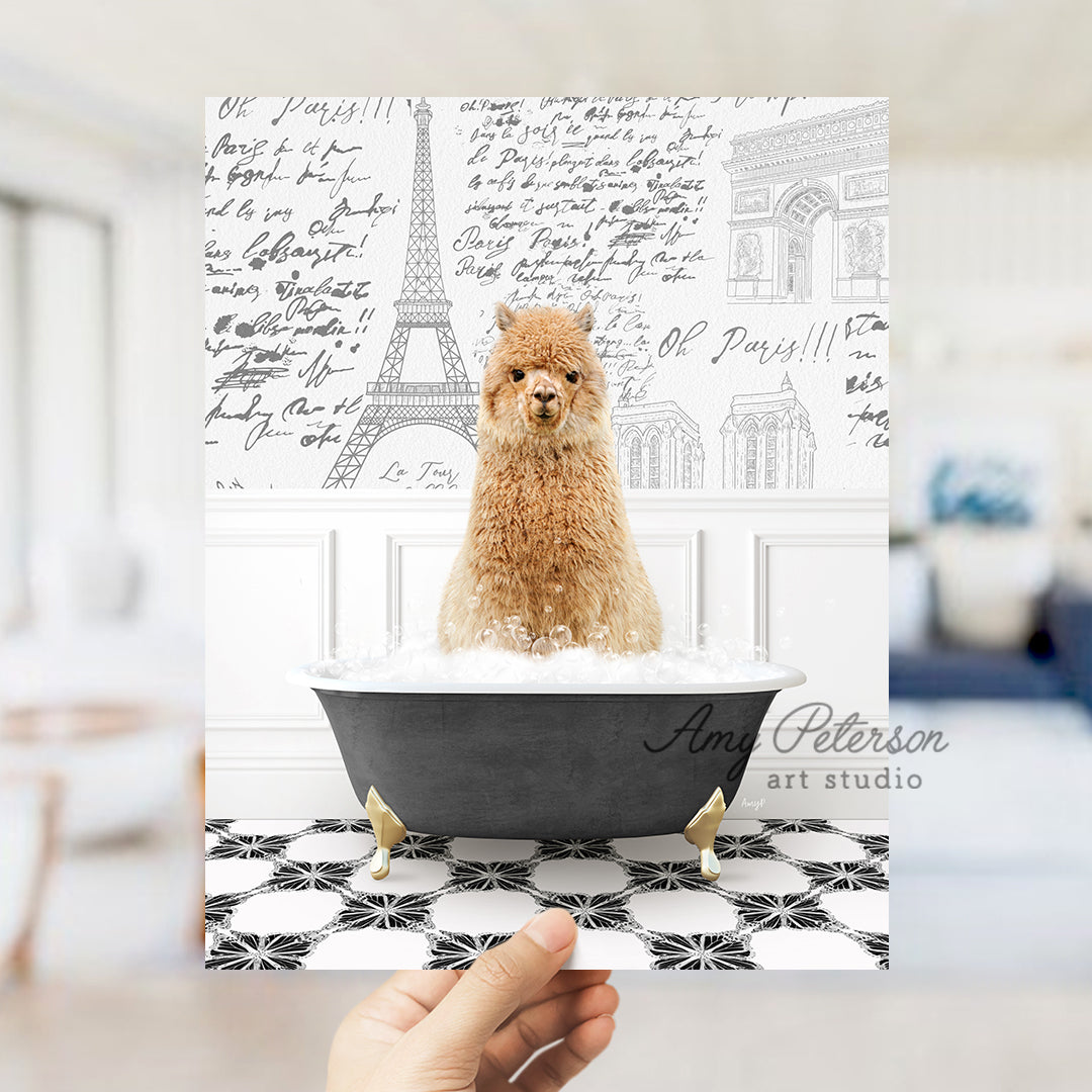 a person holding up a card with a dog in a bathtub